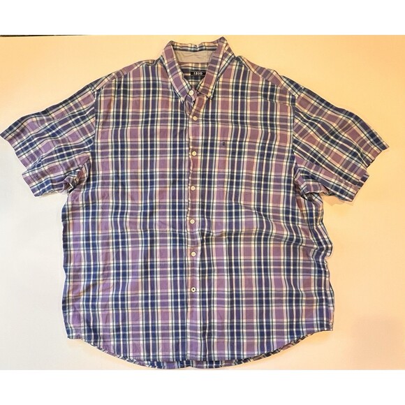IZOD Shirt Mens 2XL XXL Purple And Blue Button Up Plaid Short Sleeve - Picture 1 of 10